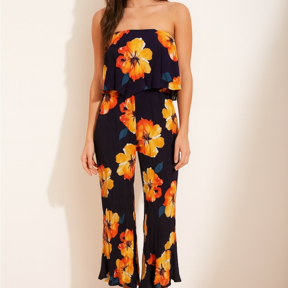 AKIRA Strapless Floral Jumpsuit - Navy and Orange